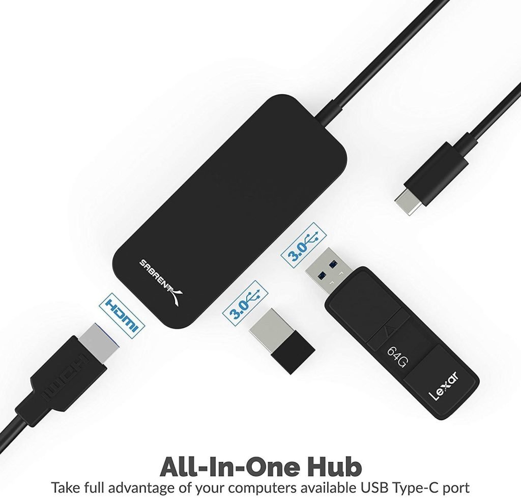 SABRENT Black Aluminum Type-C to 2-Port USB 3.0 and HDMI Adapter (HB-HDUC) - GAMESQ8.com