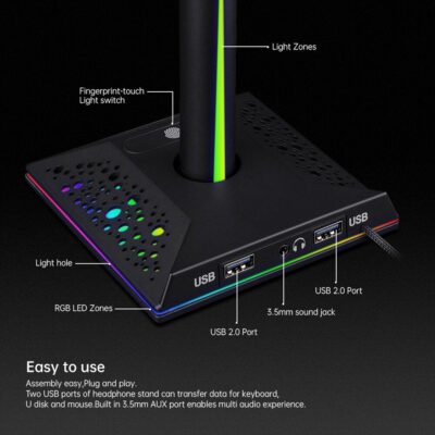 Gaming Headphone Stand RGB Headset Holder with 3.5mm 2 USB Ports - GAMESQ8.com
